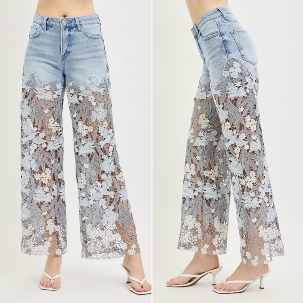 Risen Lace-Panel Light Blue Wide-Leg Women's Jeans - Picture 2 of 3